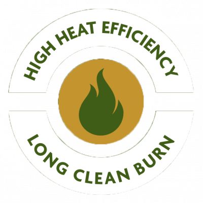 Circle with a green image of a flame. An outer circle with the words High heat efficiency and long, clean burn circular badge